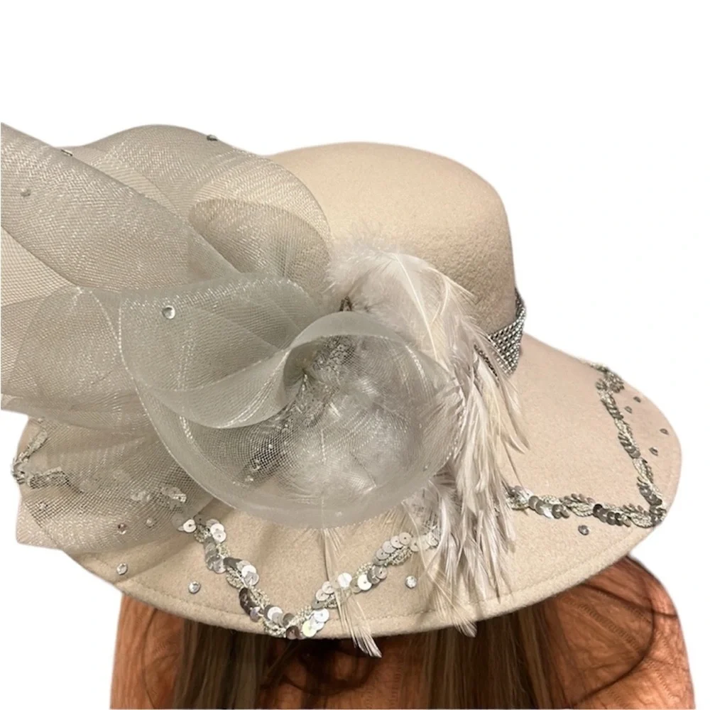 Vintage Donna Vinci Couture | Wool Church‎ Hat Light Beige Sequins Mesh Feathers